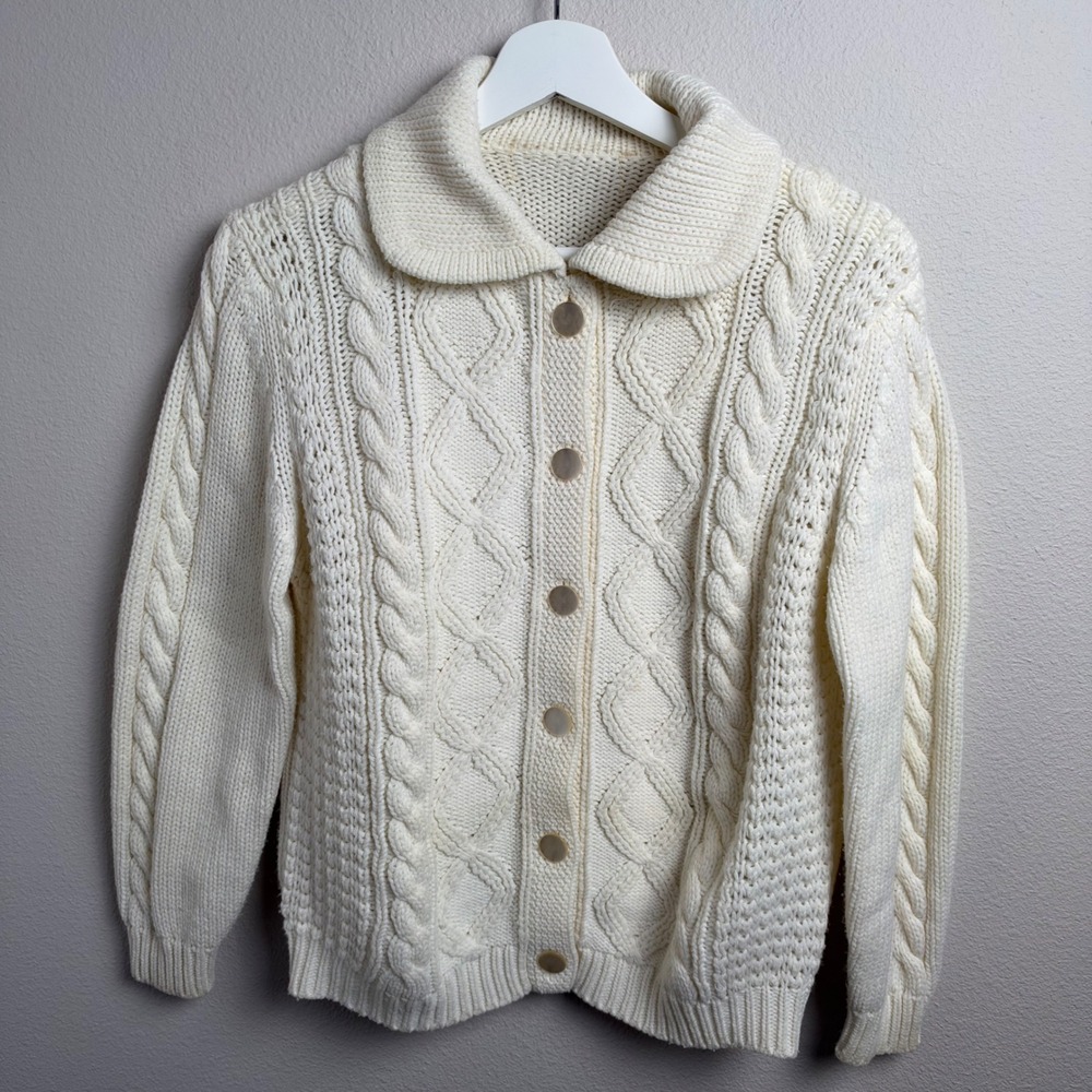 Cable Knit Cardigan Grandma Sweater Small Ivory Cream Button Front Cottagecore